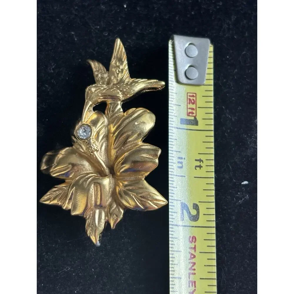 Monet Matte Gold Tone Hummingbird Flower Brooch Rhinestone Vintage Pin Signed